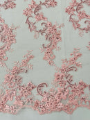Floral Lace Fabric - Pink - Embroidered Flower Clusters with Sequins on a Mesh Lace By Yard