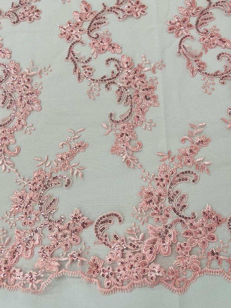 Floral Lace Fabric - Pink - Embroidered Flower Clusters with Sequins on a Mesh Lace By Yard