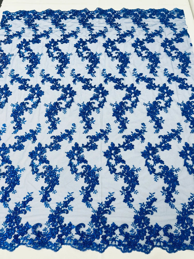 Floral Lace Fabric - Royal Blue - Embroidered Flower Clusters with Sequins on a Mesh Lace By Yard
