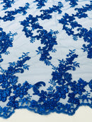 Floral Lace Fabric - Royal Blue - Embroidered Flower Clusters with Sequins on a Mesh Lace By Yard