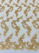 Floral Lace Fabric - Gold - Embroidered Flower Clusters with Sequins on a Mesh Lace By Yard