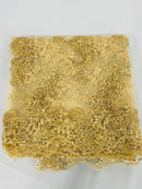 Floral Lace Fabric - Gold - Embroidered Flower Clusters with Sequins on a Mesh Lace By Yard