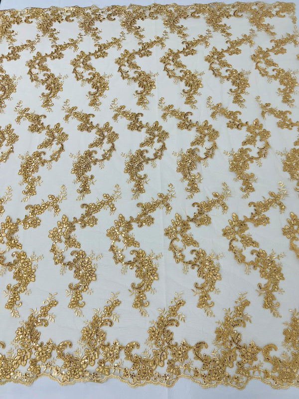 Floral Lace Fabric - Gold - Embroidered Flower Clusters with Sequins on a Mesh Lace By Yard