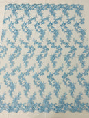 Floral Lace Fabric - Baby Blue - Embroidered Flower Clusters with Sequins on a Mesh Lace By Yard