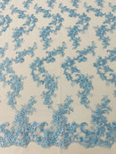 Floral Lace Fabric - Baby Blue - Embroidered Flower Clusters with Sequins on a Mesh Lace By Yard