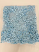 Floral Lace Fabric - Baby Blue - Embroidered Flower Clusters with Sequins on a Mesh Lace By Yard