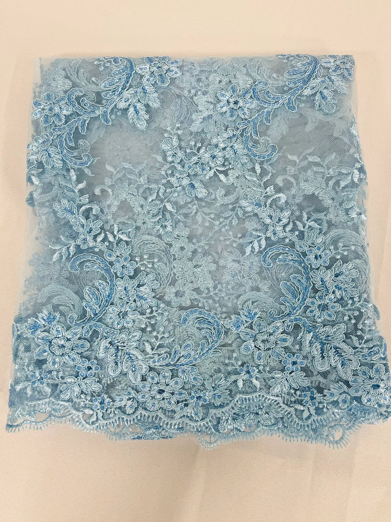 Floral Lace Fabric - Baby Blue - Embroidered Flower Clusters with Sequins on a Mesh Lace By Yard