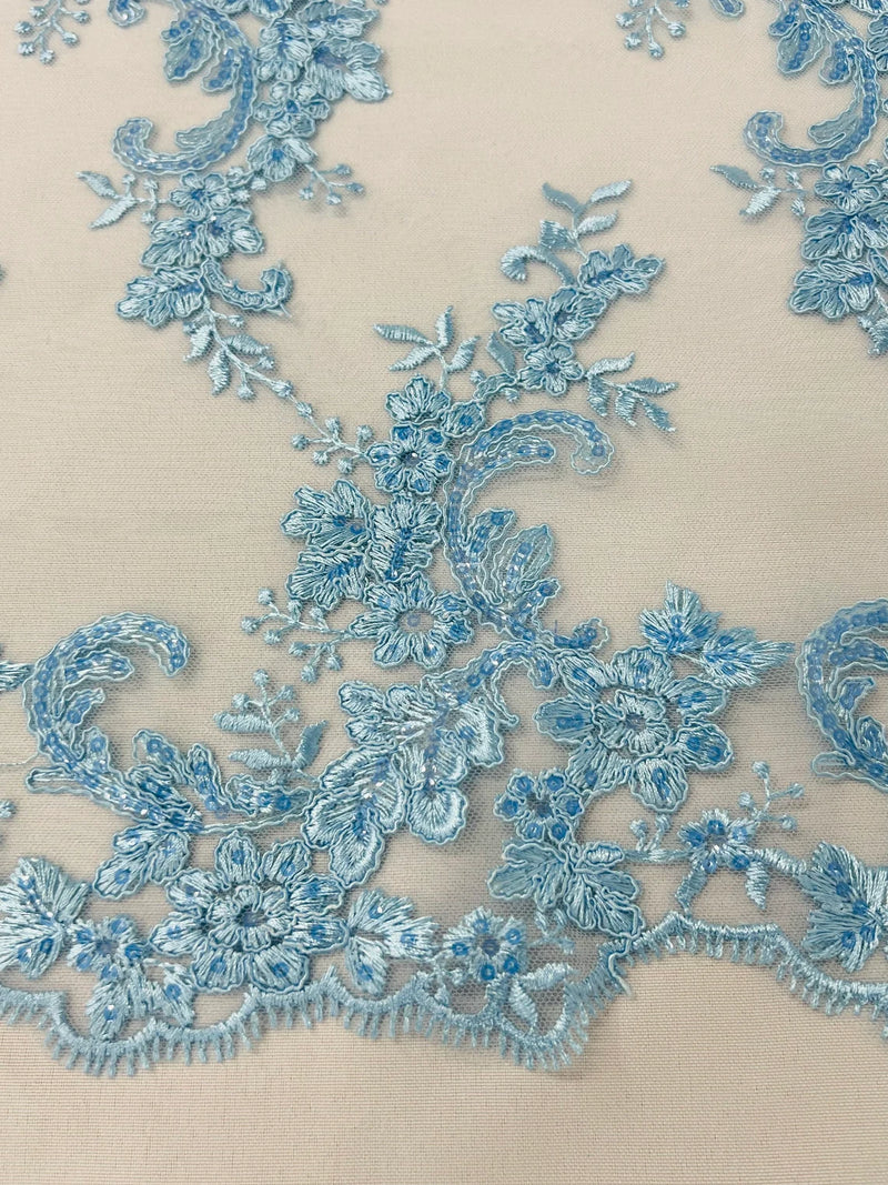 Floral Lace Fabric - Baby Blue - Embroidered Flower Clusters with Sequins on a Mesh Lace By Yard