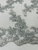 Floral Lace Fabric - Silver - Embroidered Flower Clusters with Sequins on a Mesh Lace By Yard