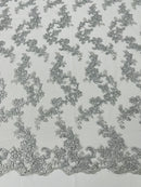 Floral Lace Fabric - Silver - Embroidered Flower Clusters with Sequins on a Mesh Lace By Yard