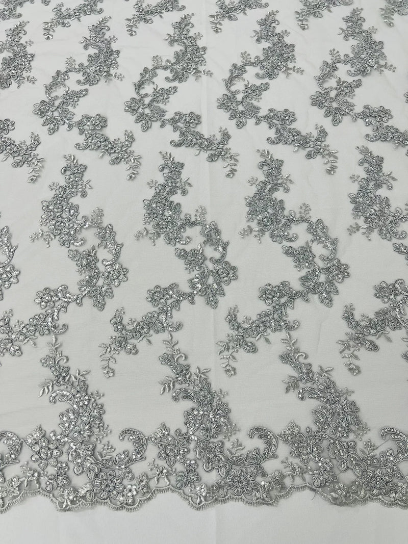 Floral Lace Fabric - Silver - Embroidered Flower Clusters with Sequins on a Mesh Lace By Yard