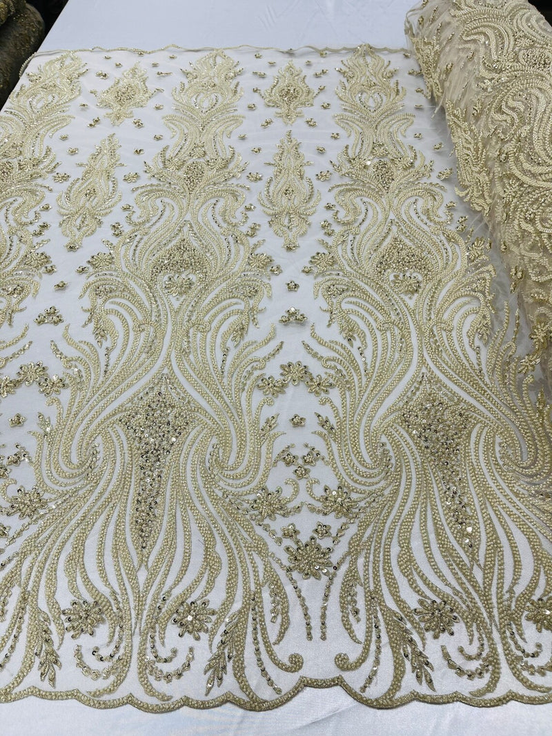 Luxury Bead Design - Beige - Floral Fabric Embroidered w/ Pearls-Beads on Mesh Lace By Yard