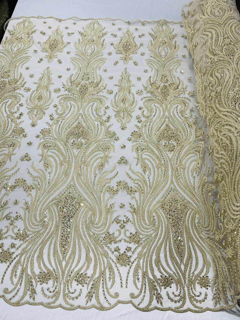 Luxury Bead Design - Beige - Floral Fabric Embroidered w/ Pearls-Beads on Mesh Lace By Yard