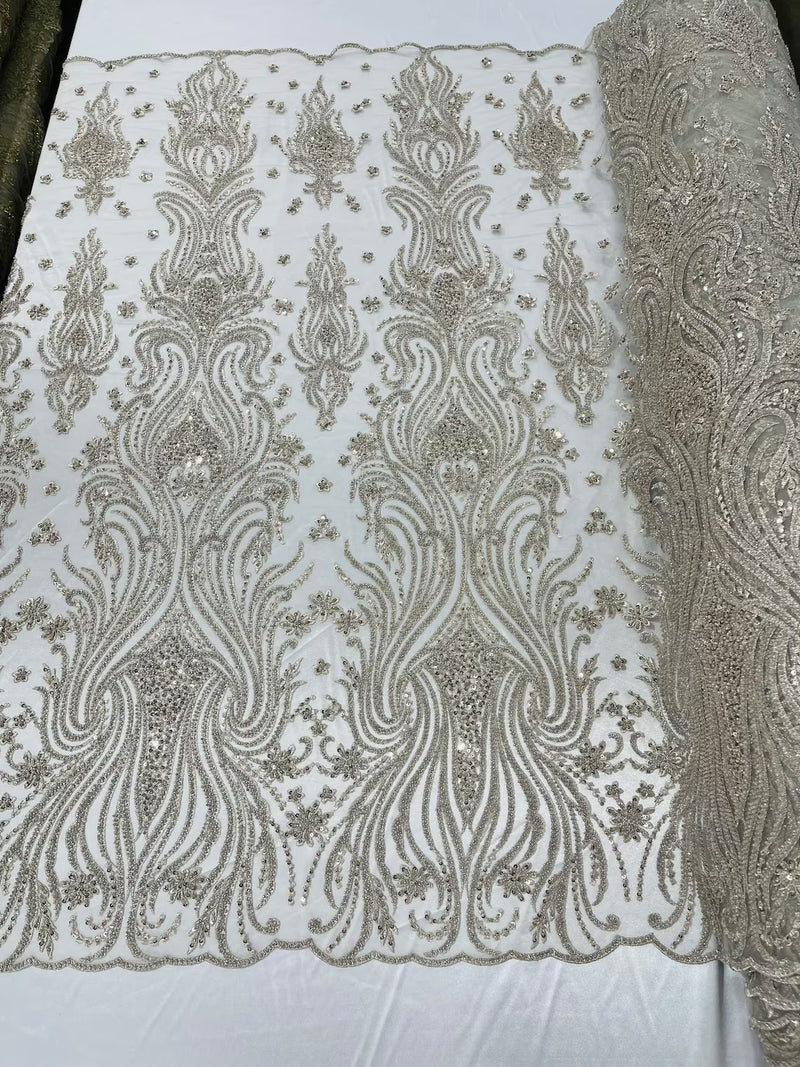 Luxury Bead Design - Taupe - Floral Fabric Embroidered w/ Pearls-Beads on Mesh Lace By Yard