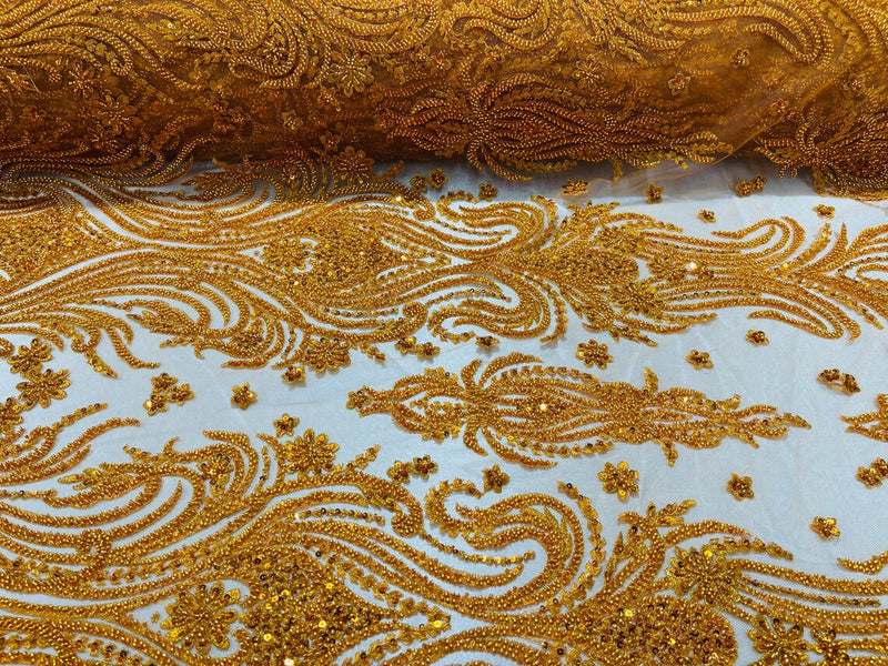 Luxury Bead Design - Copper/Orange - Floral Fabric Embroidered w/ Pearls-Beads on Mesh Lace By Yard
