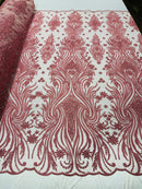 Luxury Bead Design - Dusty Rose - Floral Fabric Embroidered w/ Pearls-Beads on Mesh Lace By Yard