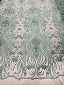 Luxury Bead Design - Mint - Floral Fabric Embroidered w/ Pearls-Beads on Mesh Lace By Yard