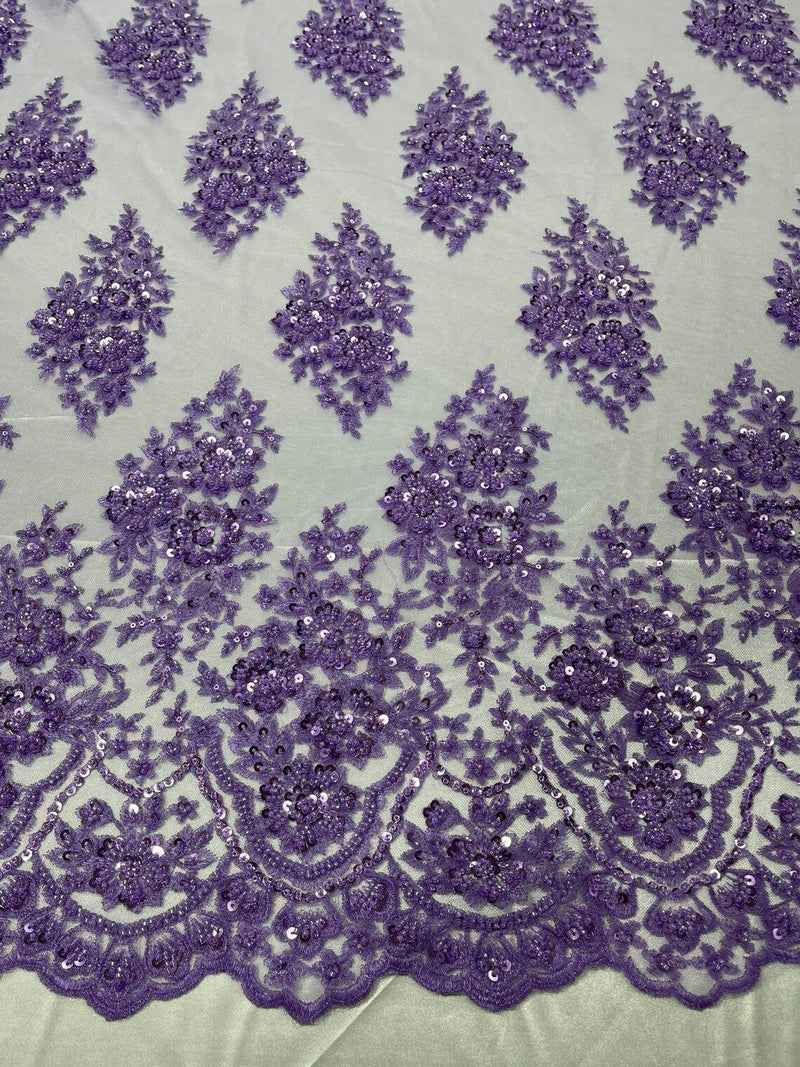 Floral Cluster Bead Fabric - Purple - Sold By The Yard - Embroidered Flower Beaded Fabric