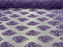 Floral Cluster Bead Fabric - Purple - Sold By The Yard - Embroidered Flower Beaded Fabric