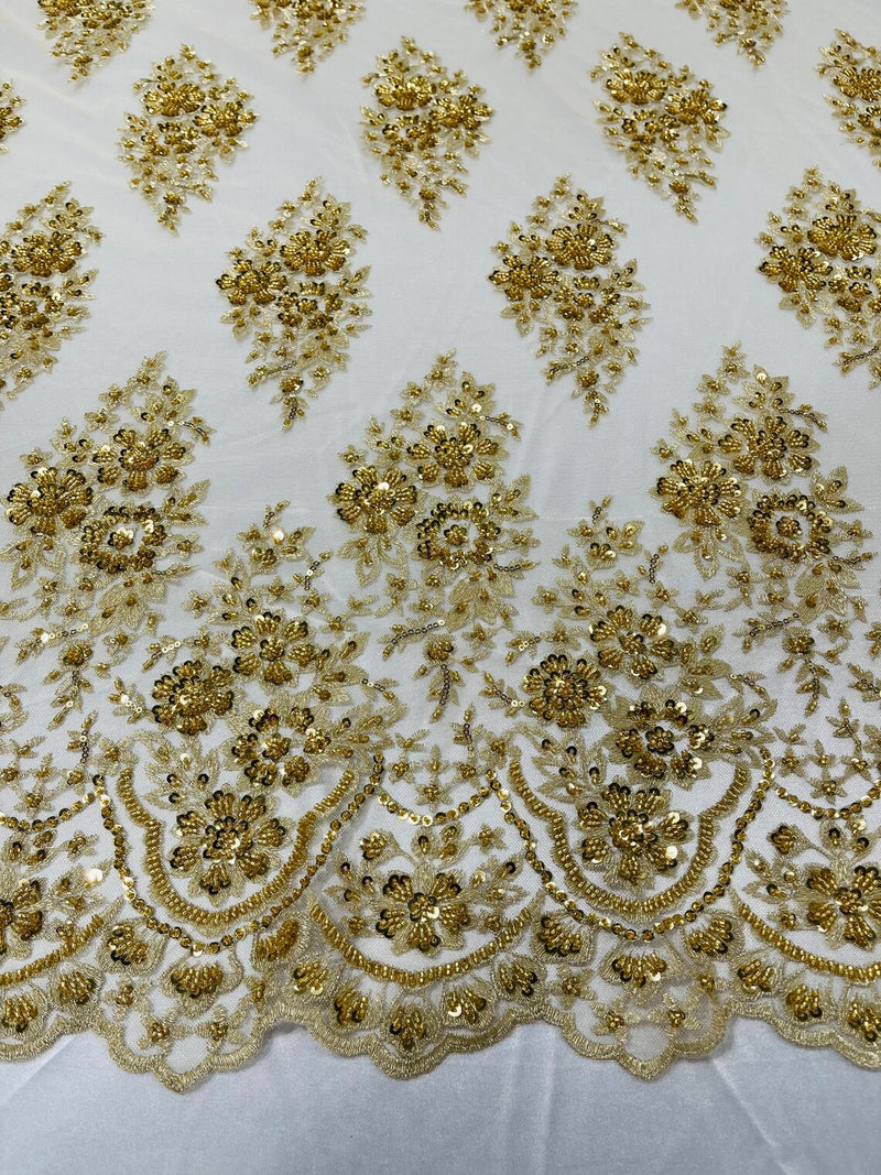 Floral Cluster Bead Fabric - Gold - Sold By The Yard - Embroidered Flower Beaded Fabric