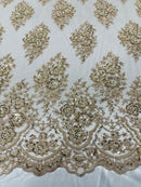 Floral Cluster Bead Fabric - Champagne - Sold By The Yard - Embroidered Flower Beaded Fabric
