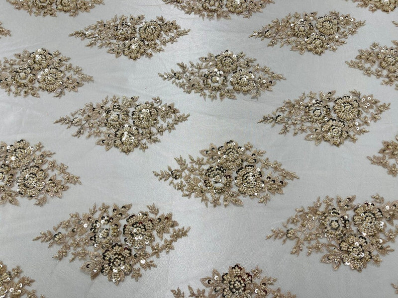 Floral Cluster Bead Fabric - Champagne - Sold By The Yard - Embroidered Flower Beaded Fabric