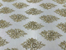 Floral Cluster Bead Fabric - Beige - Sold By The Yard - Embroidered Flower Beaded Fabric