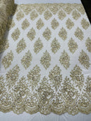 Floral Cluster Bead Fabric - Beige - Sold By The Yard - Embroidered Flower Beaded Fabric