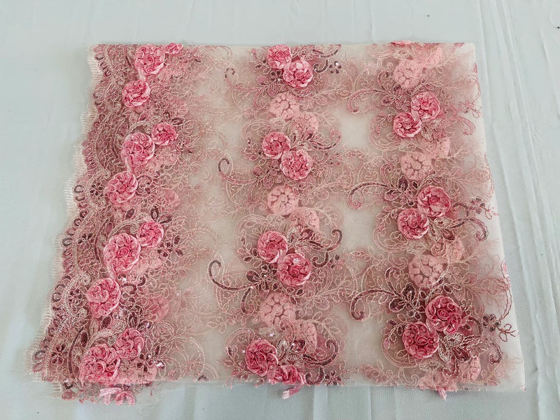 Flower Lace Fabric - Light Pink - Embroidered Flower With Sequins on a Mesh Lace Fabric By Yard