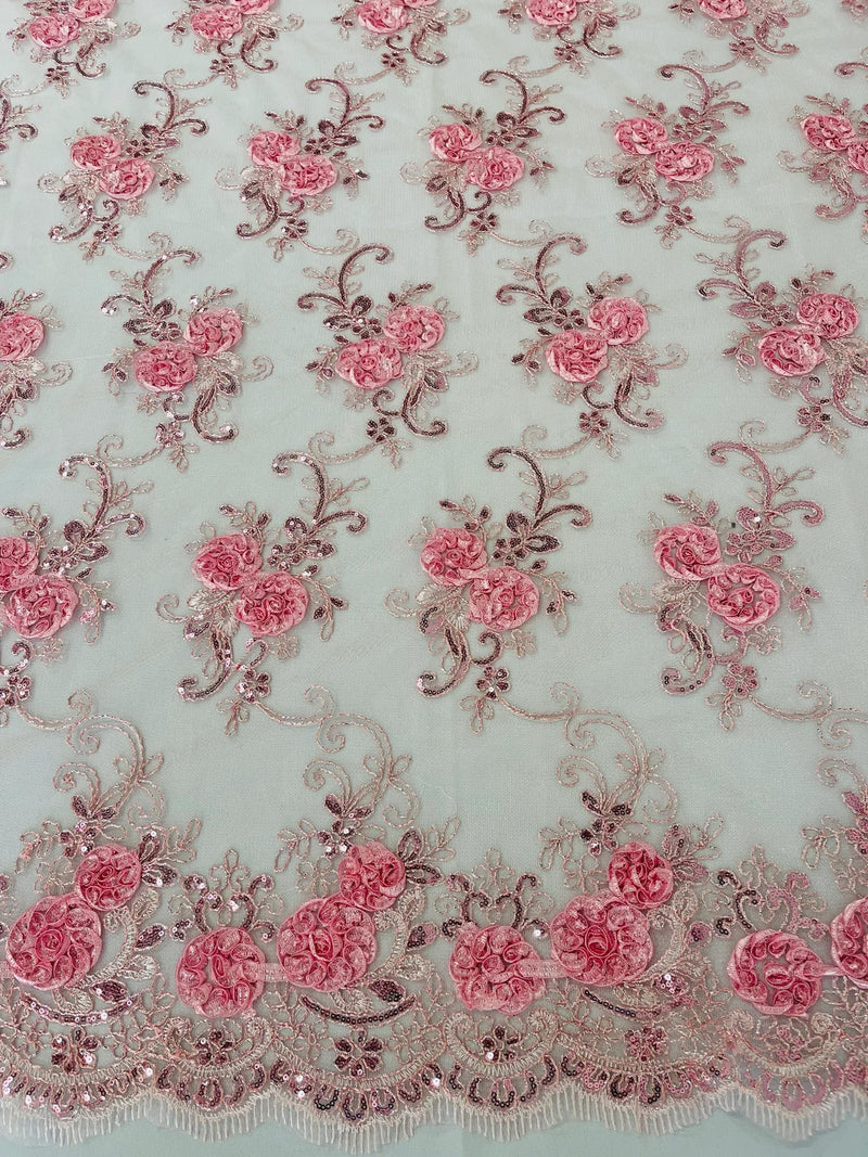 Flower Lace Fabric - Light Pink - Embroidered Flower With Sequins on a Mesh Lace Fabric By Yard