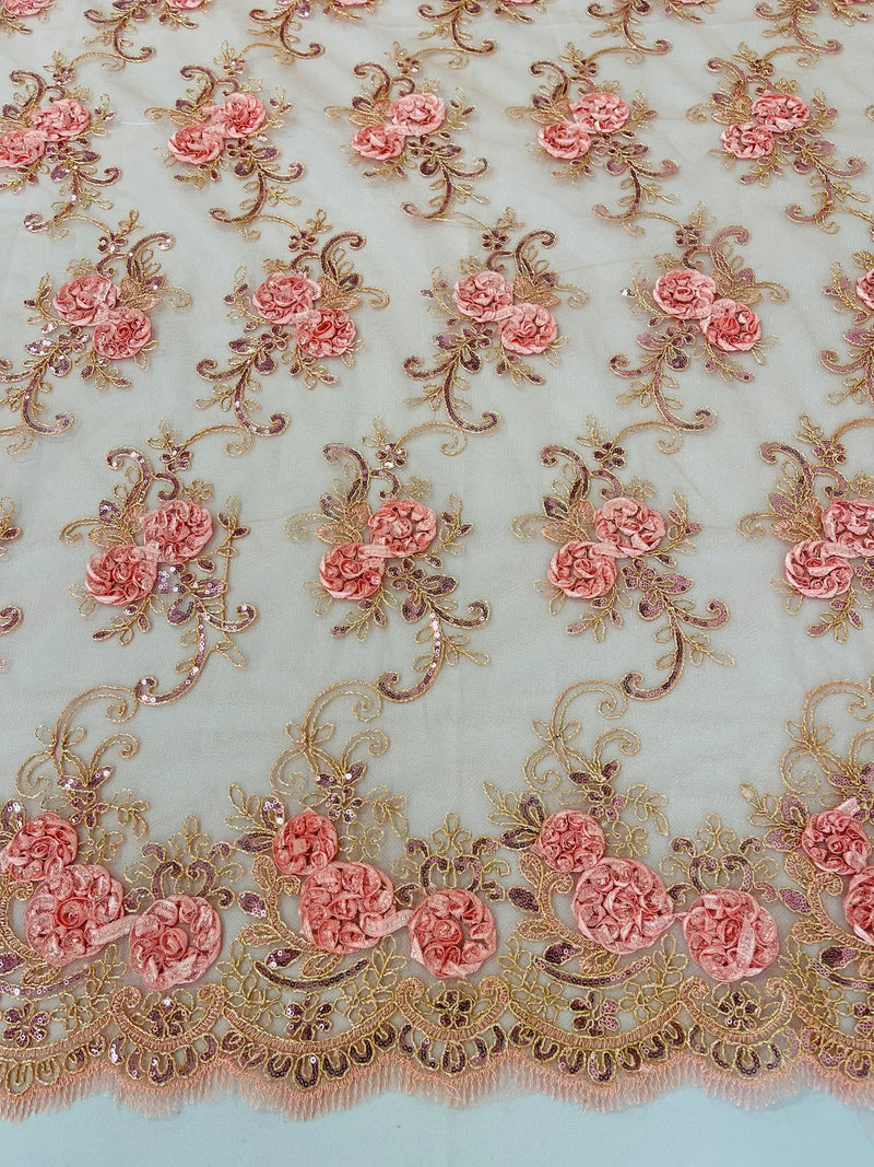 Flower Lace Fabric - Coral Pink - Embroidered Flower With Sequins on a Mesh Lace Fabric By Yard