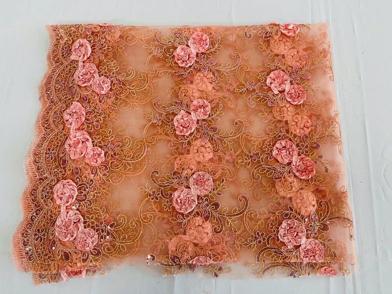 Flower Lace Fabric - Coral Pink - Embroidered Flower With Sequins on a Mesh Lace Fabric By Yard