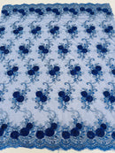 Flower Lace Fabric - Royal Blue - Embroidered Roses With Sequins on a Mesh Lace Fabric By Yard