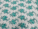 Flower Lace Fabric - Mint - Embroidered Roses With Sequins on a Mesh Lace Fabric By Yard
