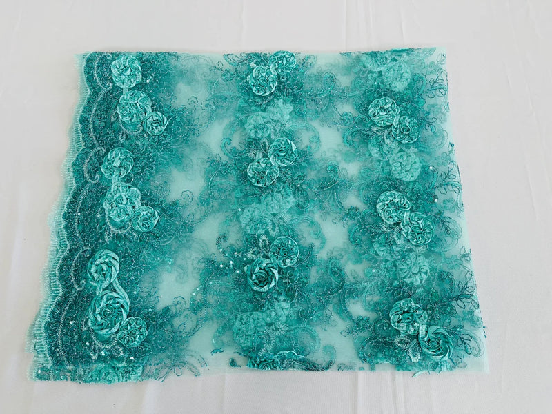 Flower Lace Fabric - Mint - Embroidered Roses With Sequins on a Mesh Lace Fabric By Yard