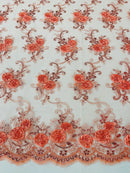 Flower Lace Fabric - Coral Peach - Embroidered Roses With Sequins on a Mesh Lace Fabric By Yard