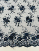 Flower Lace Fabric - Navy Blue - Embroidered Flower With Sequins on a Mesh Lace Fabric By Yard