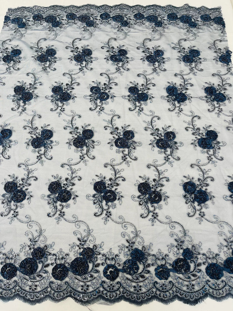 Flower Lace Fabric - Navy Blue - Embroidered Flower With Sequins on a Mesh Lace Fabric By Yard