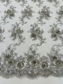 Flower Lace Fabric - Gray/ Silver - Embroidered Roses With Sequins on a Mesh Lace Fabric By Yard