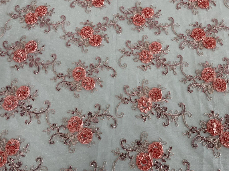 Flower Lace Fabric - Pink with Peach Flower - Embroidered Roses With Sequins on a Mesh Lace Fabric By Yard