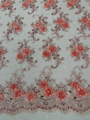 Flower Lace Fabric - Pink with Peach Flower - Embroidered Roses With Sequins on a Mesh Lace Fabric By Yard