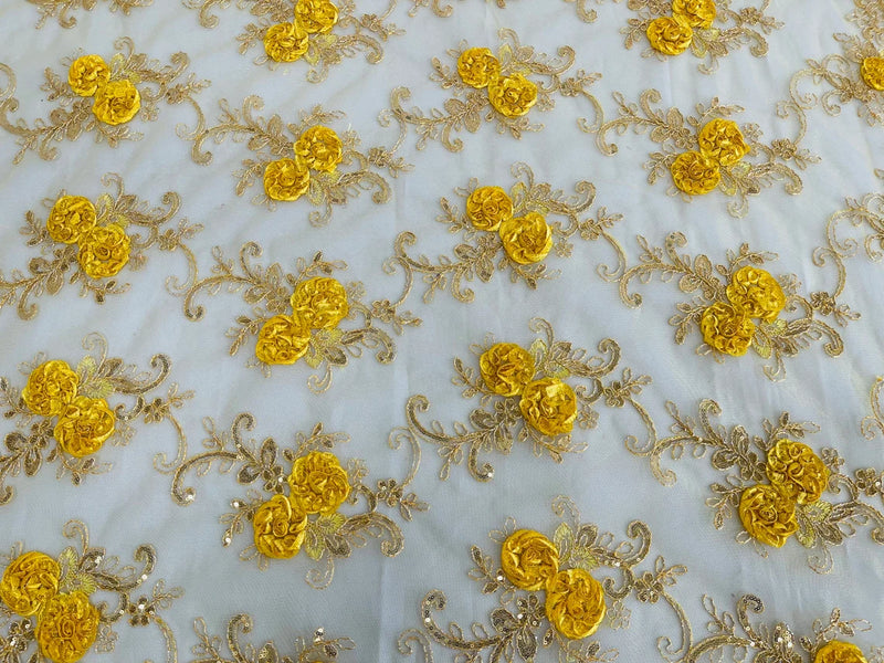 Flower Lace Fabric - Yellow Gold - Embroidered Roses With Sequins on a Mesh Lace Fabric By Yard