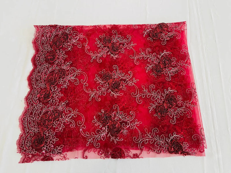 Flower Lace Fabric - Burgundy - Embroidered Roses With Sequins on a Mesh Lace Fabric By Yard