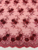 Flower Lace Fabric - Burgundy - Embroidered Roses With Sequins on a Mesh Lace Fabric By Yard