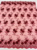 Flower Lace Fabric - Burgundy - Embroidered Roses With Sequins on a Mesh Lace Fabric By Yard