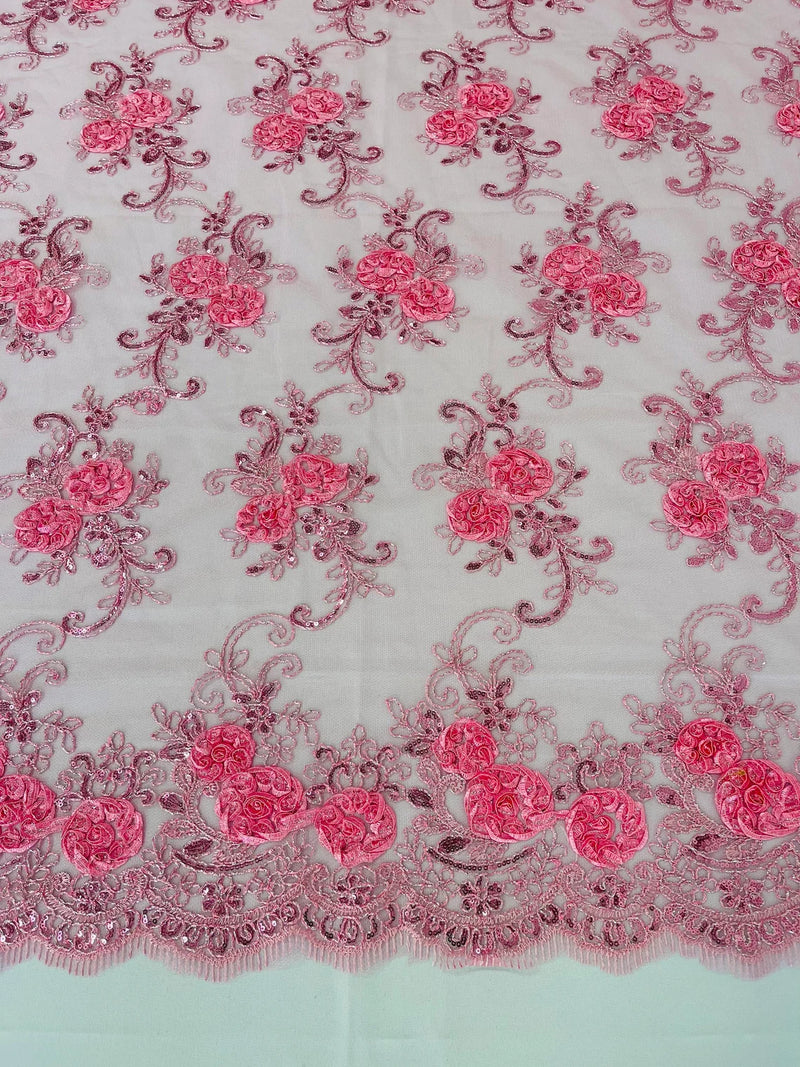 Flower Lace Fabric - Candy Pink - Embroidered Flower With Sequins on a Mesh Lace Fabric By Yard