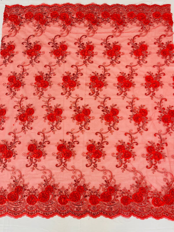 Flower Lace Fabric - Red - Embroidered Roses With Sequins on a Mesh Lace Fabric By Yard