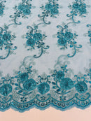 Flower Lace Fabric - Teal - Embroidered Roses With Sequins on a Mesh Lace Fabric By Yard