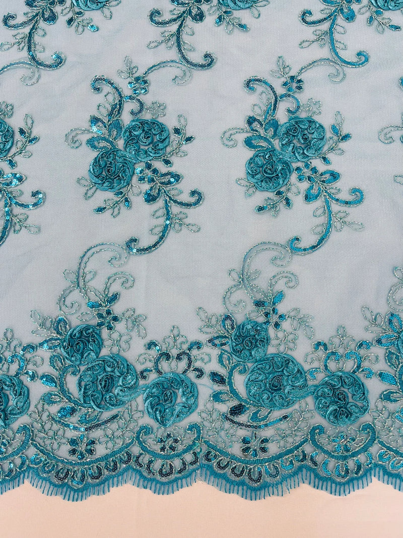 Flower Lace Fabric - Teal - Embroidered Roses With Sequins on a Mesh Lace Fabric By Yard