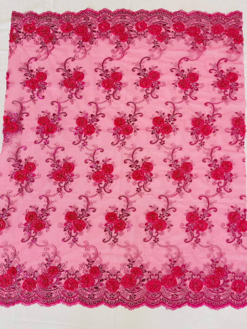 Flower Lace Fabric - Fuschia - Embroidered Flower With Sequins on a Mesh Lace Fabric By Yard